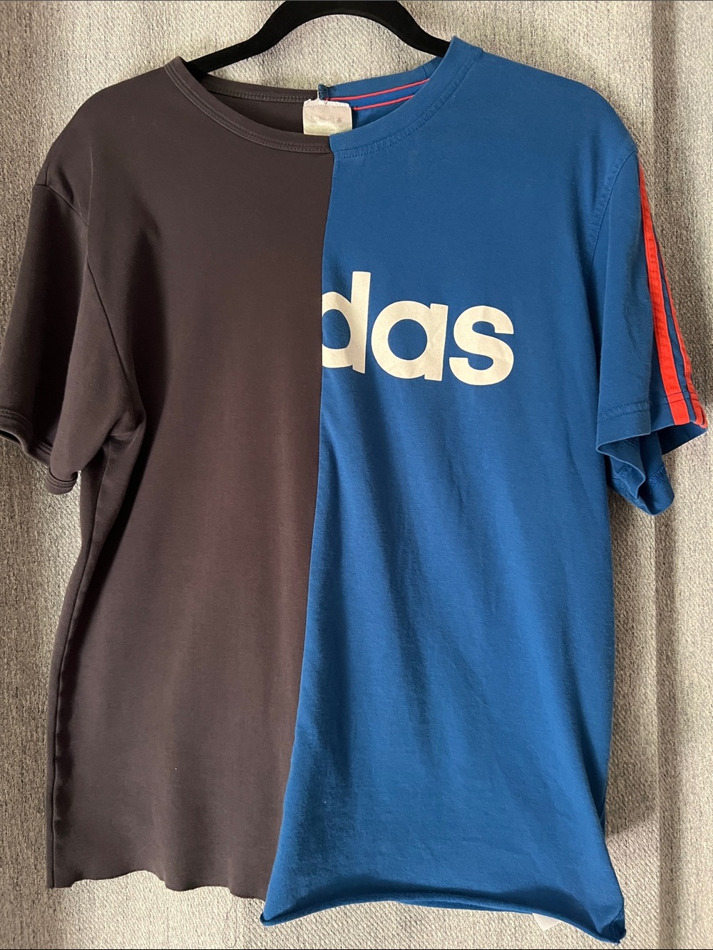 Unique adidas Two-Tone Blue & Black Split Graphic Tee with Red Stripes